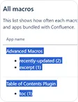 Le tableau « Toutes les macros » dans Confluence avec les lignes sélectionnées