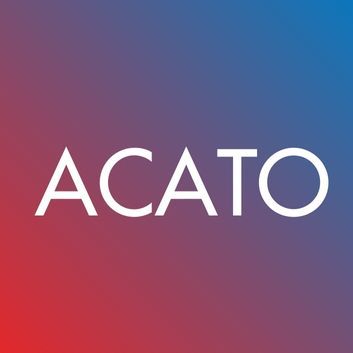 ACATO white text logo on a vibrant red, purple, and blue gradient background.