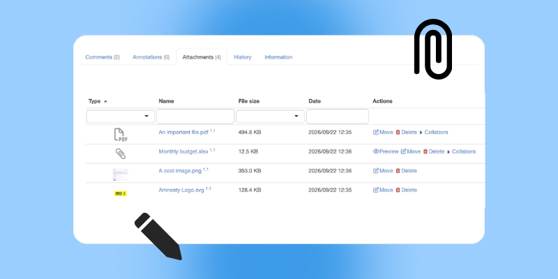 Digital interface displaying a file attachment list with document names, sizes, and actions.