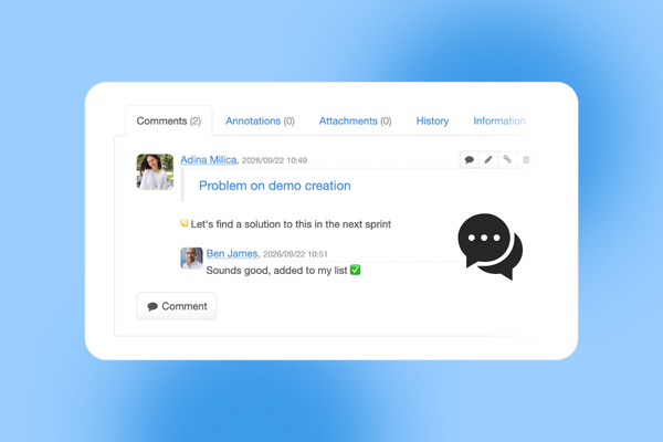 Software interface displaying comments from two users discussing a problem and solution.