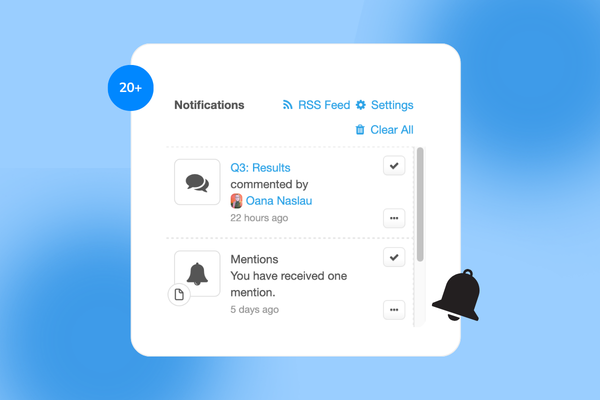 A digital notification pop-up displays new messages and mentions from a software interface.