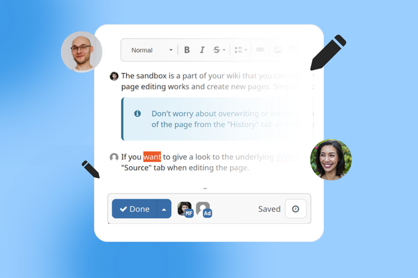 Collaborative online text editor interface with two user profiles and editing tools.