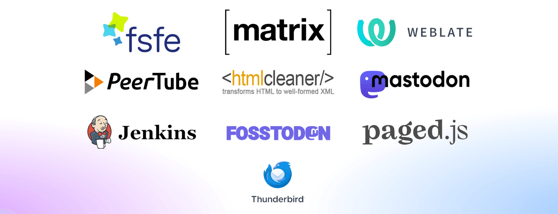 Logos of various open-source software and platforms including Mastodon, Matrix, and Jenkins.