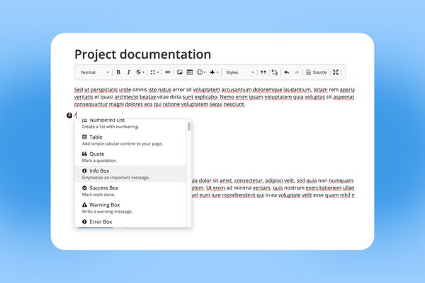 Text editor showing 'Project documentation' with an open dropdown menu highlighting 'Info Box'.