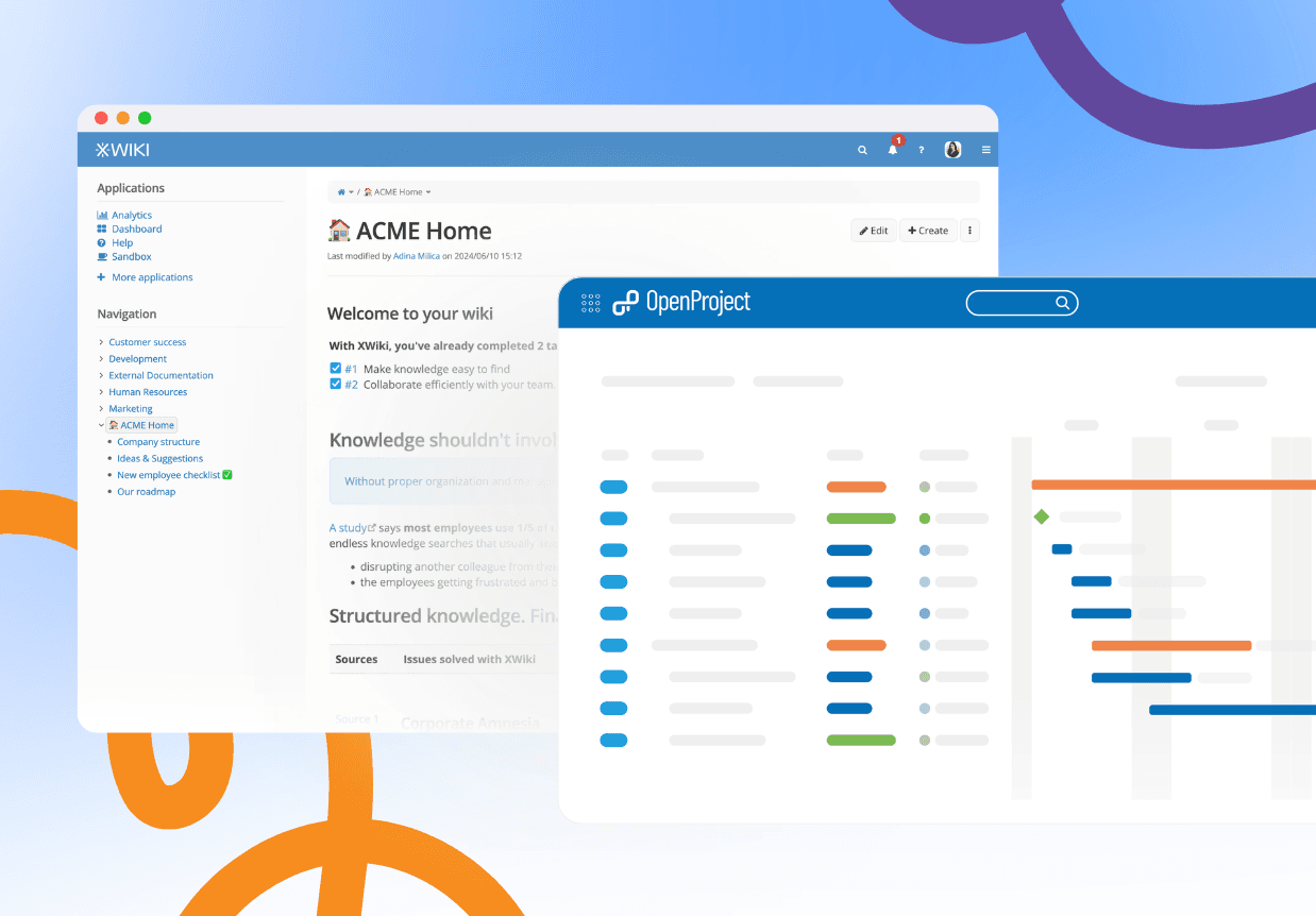 Two software windows: an ACME wiki interface and an OpenProject Gantt chart.