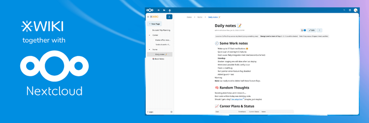 XWiki and Nextcloud logos on blue background, beside a collaborative document editing interface.