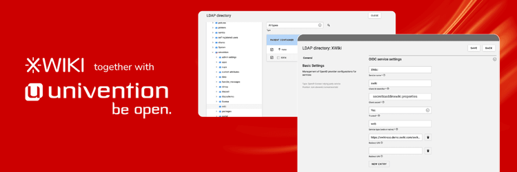 XWiki and Univention logos next to software configuration windows for LDAP service settings.