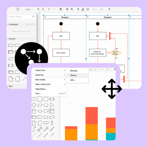 A collage of digital diagramming tools showing flowcharts, shapes, and data visualization.