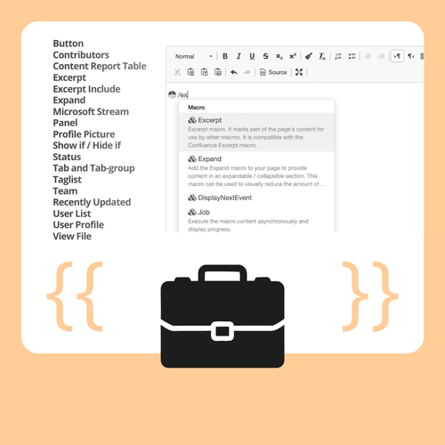 UI design featuring a component list, rich text editor with content, and a briefcase icon.