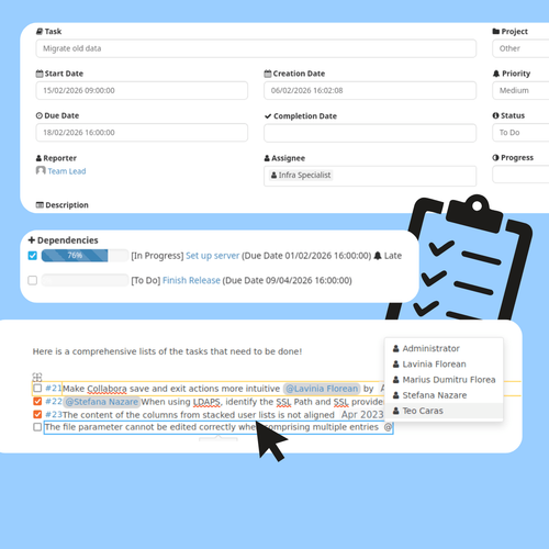 Digital project management interface showing task details, dependencies, and text editing.