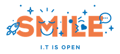 Stylized orange 'SMILE' with blue emojis, a rocket, and sparkles. Text: 'I.T IS OPEN'.