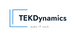 TEKDynamics logo featuring blue lines forming an incomplete box, with the slogan 'make IT work'.