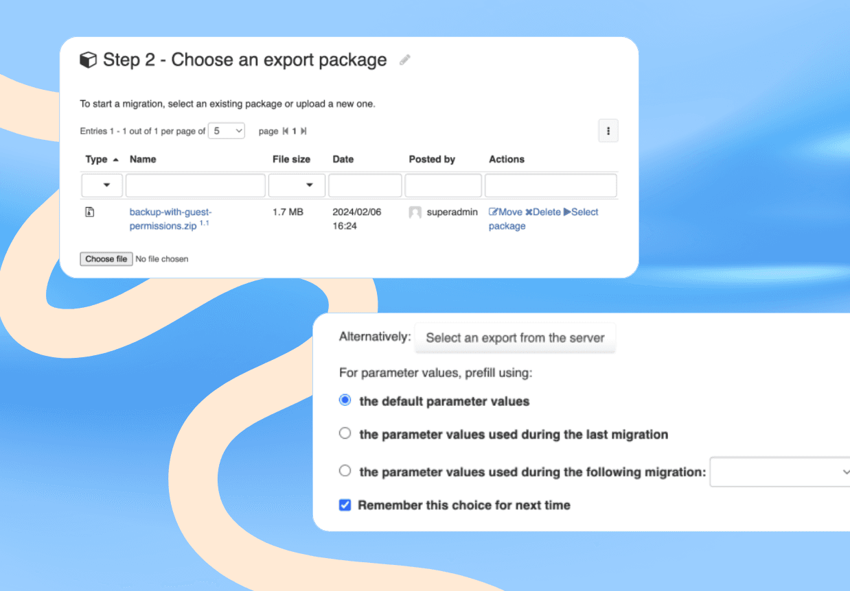 A user interface screenshot displaying Step 2 for choosing an export package and configuring migration parameters.
