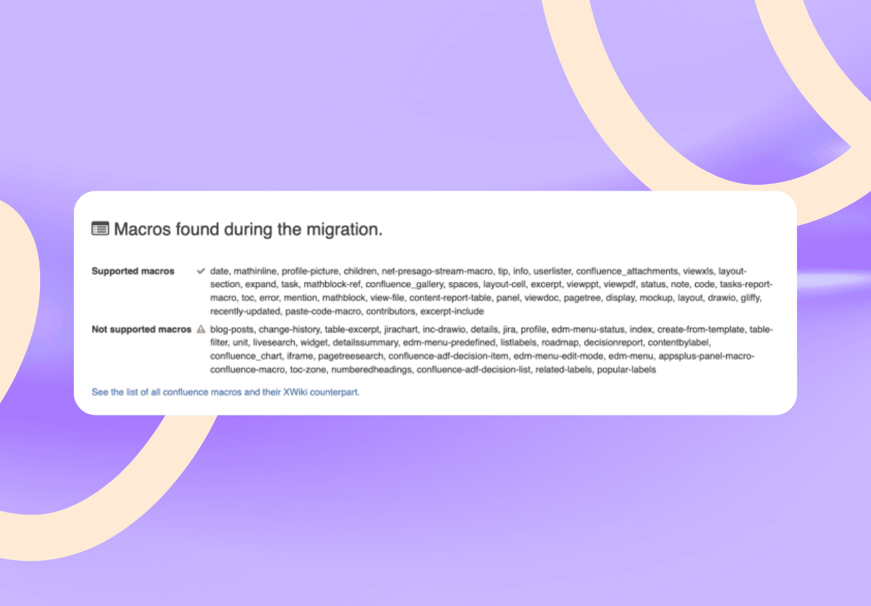 A white pop-up box showing supported and unsupported macros after migration.