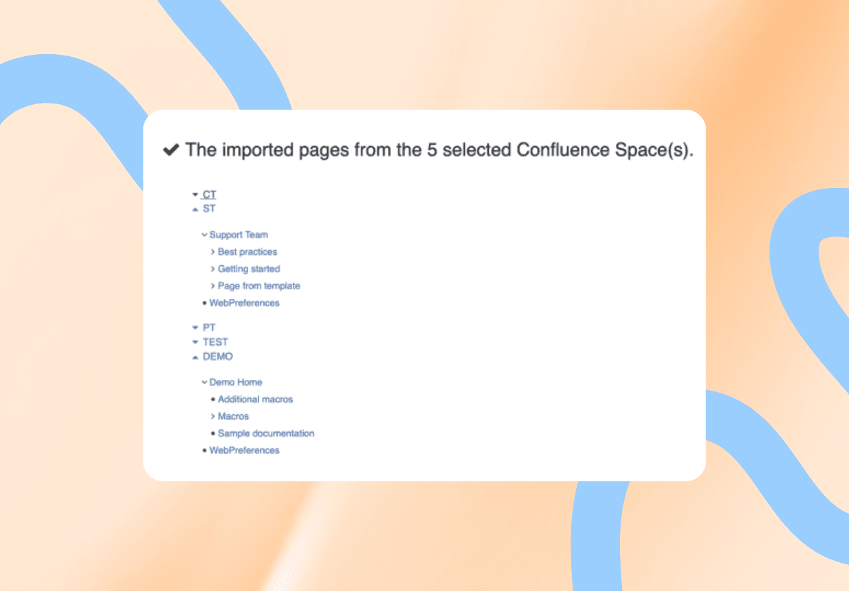 List of pages successfully imported from five selected Confluence spaces.