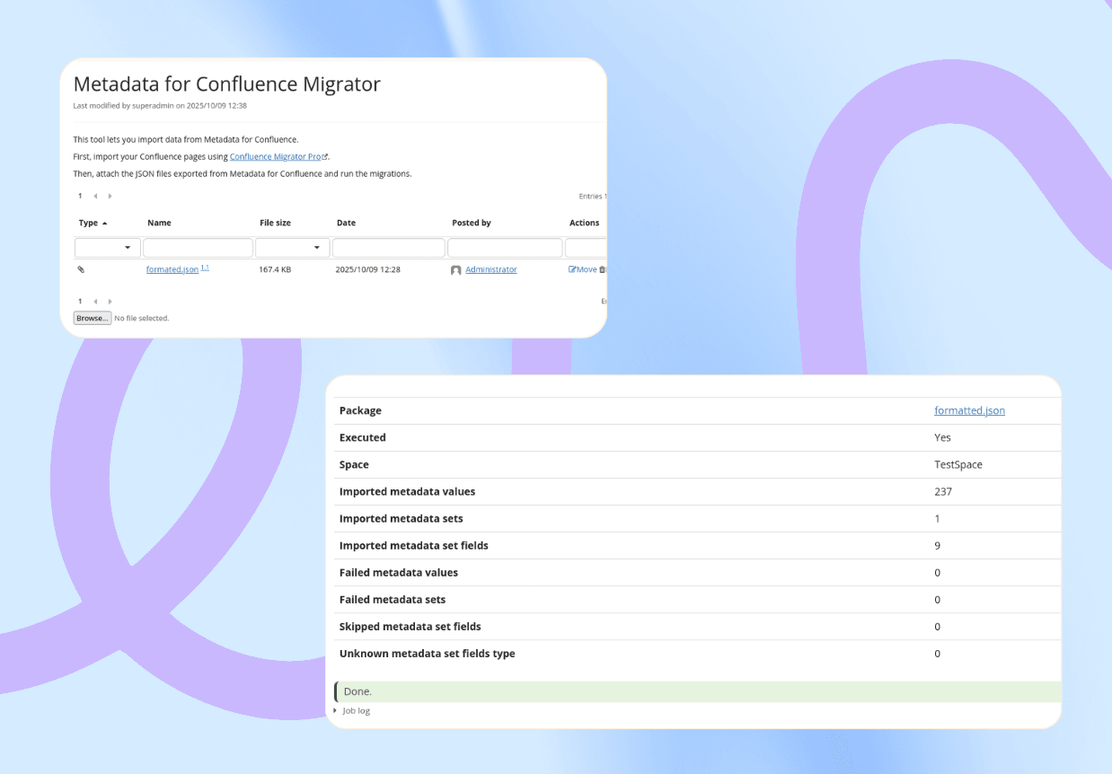 Software UI displays two panels showing metadata and migration data for a Confluence Migrator tool.