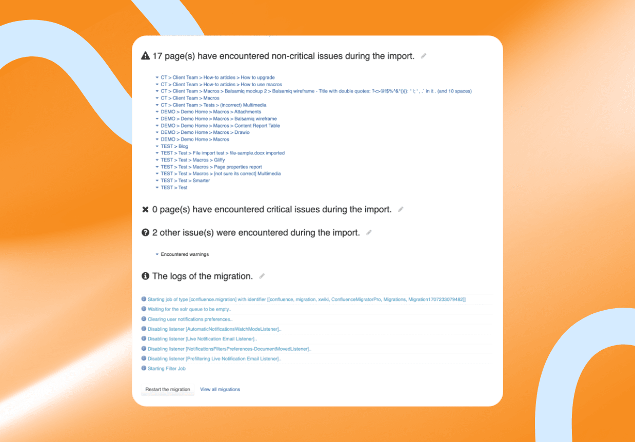 Digital interface displaying a summary of encountered issues during a data import or migration.