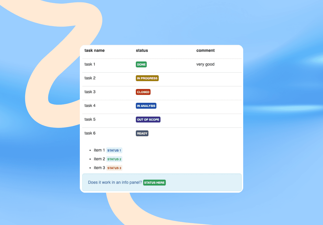 A digital table showing task names with statuses like DONE, IN PROGRESS, and FAILED.